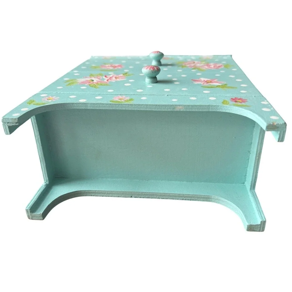 Vintage 90s Hand‎ Painted Wood Jewelry Box Teal Pink Floral Mini Dresser 9 x 7.5